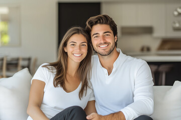 A happy couple sitting on sofa in modern home, radiating warmth and joy. Their smiles reflect loving relationship, creating cozy atmosphere in stylish interior