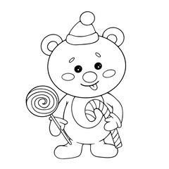 Line sketch, coloring cute polar bear with lollipops, candies. Vector graphics.