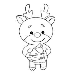 Line sketch, coloring cute Christmas, New Year character deer with a tree. Vector graphics.