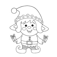 Line sketch, coloring cute elf with gifts. Vector graphics.