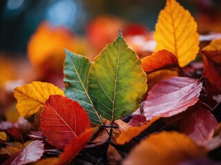 Obraz premium Colorful autumn leaves scattered on the ground, showcasing a blend of red, orange, and yellow hues in the soft morning light