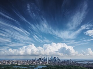 Stunning panoramic view of a city skyline under dramatic clouds during midday in summer