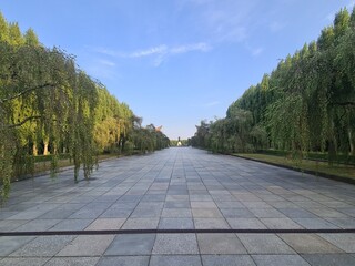 Pfad mit Bäumen an den Seiten und atmosphärischem Himmel zum sowjetischen Ehrenmal im Treptower...
