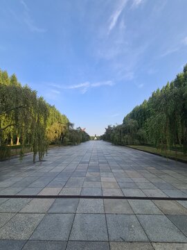 Pfad mit B&auml;umen an den Seiten und atmosph&auml;rischem Himmel zum sowjetischen Ehrenmal im Treptower Park, Berlin