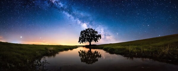 A serene night sky with the Milky Way and a solitary tree reflected in a calm stream at dusk