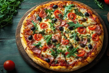 Delicious Pizza with Cured Ham, Olives, Mozzarella, Tomatoes, and Arugula on a Rustic Green Table