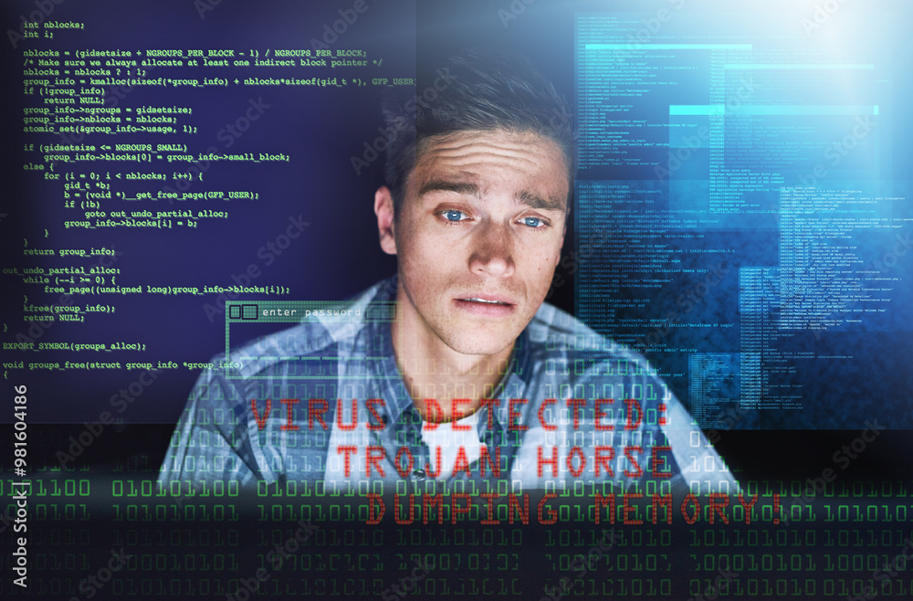 Poster office, cybersecurity and man with virus data overlay for online metrics, firewall or stress for cry