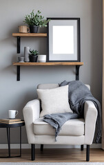 Minimalist, cozy living room corner with modern wooden furniture, armchair, potted plant and decorative empty transparent frame highlighting a calm and neutral-toned interior 