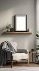 Minimalist, cozy living room corner with modern wooden furniture, armchair, potted plant and decorative empty transparent frame highlighting a calm and neutral-toned interior 