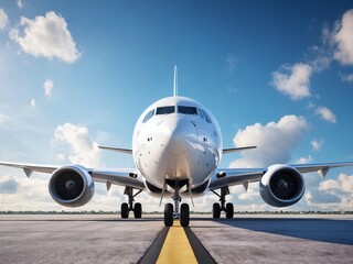 Obraz premium Airplane taxiing on runway at sunset under a clear blue sky with fluffy clouds