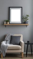Minimalist, cozy living room corner with modern wooden furniture, armchair, potted plant and decorative empty transparent frame highlighting a calm and neutral-toned interior 