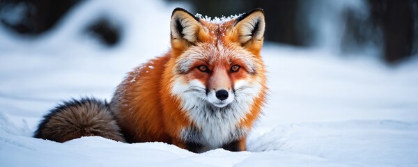 Fototapeta premium A red fox sits gracefully in a snowy forest, showcasing its vibrant fur against a wintery backdrop in the early morning light