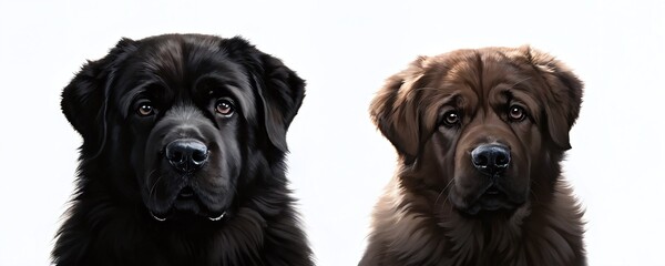 Fototapeta premium Two Newfoundland dogs posing against a plain white background, showcasing their distinct coat colors and expressive faces during studio shoot