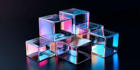 several colorful glass cubes. Set of multicolor geometric shapes on a black background. prism