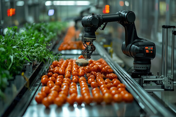 A robotic arm efficiently places ingredients, such as tomatoes, on conveyor belt in modern food processing facility. scene showcases advanced automation in agriculture, highlighting innovation and pro
