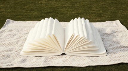 Foldable sleeping bag designed like a book, set on a picnic blanket with open pages, sleeping bag, unique foldable design