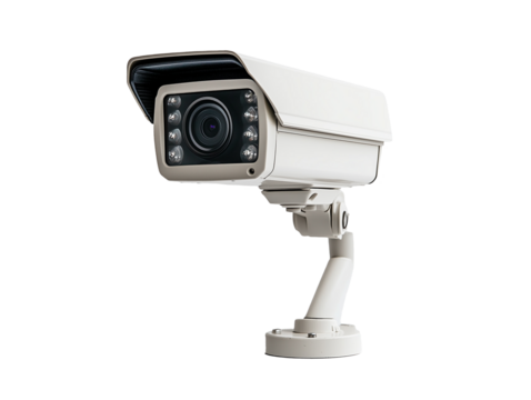 A surveillance camera isolated on transparent background, actively monitoring the surroundings during the day to enhance security and safety in the area