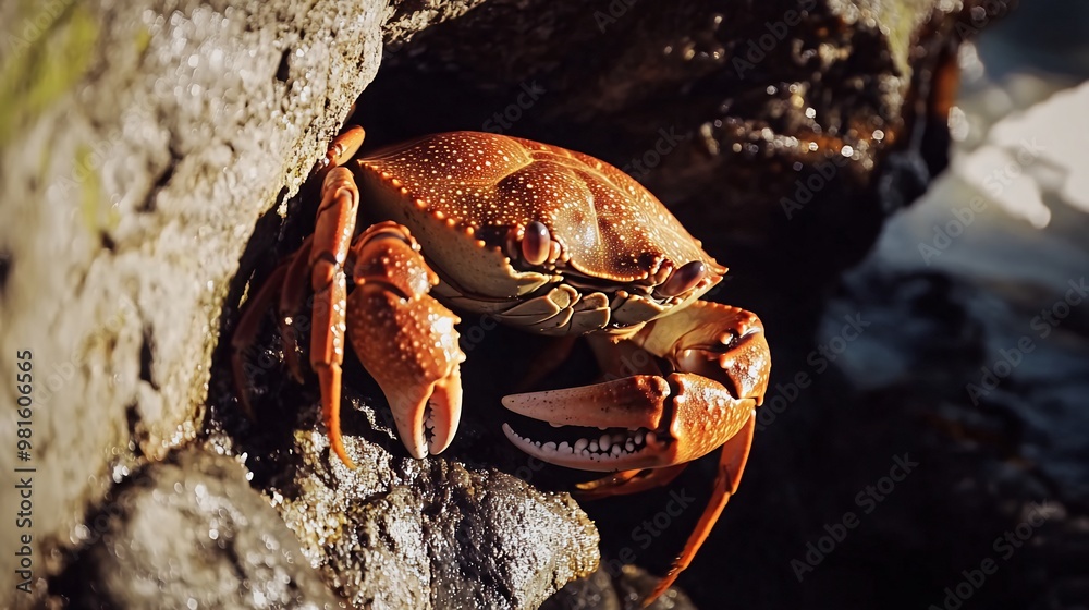 Wall mural A close-up of a crab with its claws extended, perched on a rocky cliff.