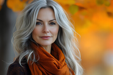 Fototapeta premium A woman with long gray hair and a scarf around her neck