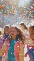 Obraz premium A group of children are playing in the rain, with one girl wearing a pink