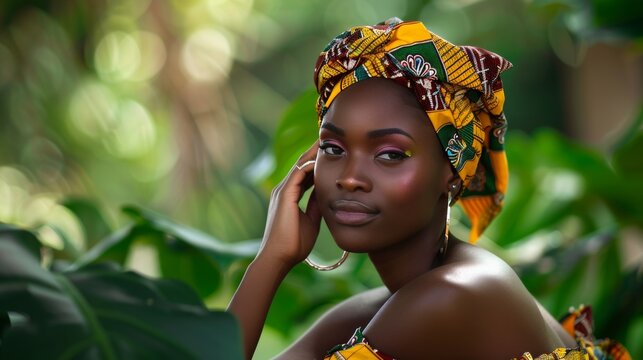 Elegant african woman in vibrant kente cloth with hoop earrings in a serene garden setting - Powered by Adobe