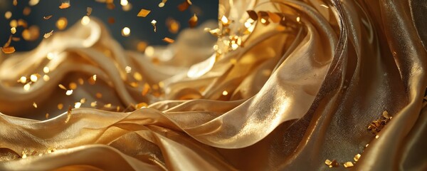 Golden silk fabric gracefully flowing in the light with scattered golden confetti during a celebratory event