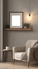 Minimalist, cozy living room corner with modern wooden furniture, armchair, potted plant and decorative empty transparent frame highlighting a calm and neutral-toned interior 