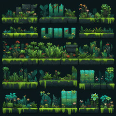 Obraz premium Lush greenery and diverse plant life are arranged in detailed game level designs, creating immersive backdrops for gameplay