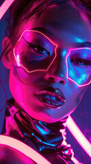 A captivating model displays bold neon makeup and futuristic accessories while posing under vibrant lighting during a dynamic photoshoot