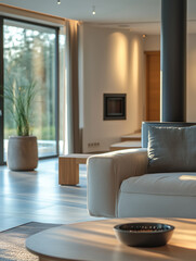 Fototapeta premium The cozy living room features a neutral color palette, large windows allowing ample daylight, and a contemporary design with comfortable furniture and natural elements