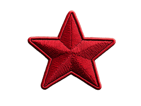The bright red five-pointed star stands out against transparent backdrop, featuring detailed stitching that highlights its unique design and artistic quality