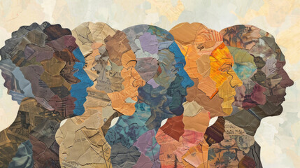 A vibrant collage of silhouettes showcases the beauty of diversity, using layered textured paper to create unique profiles of individuals