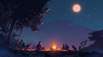 Fototapeta premium A group of friends gathers around a warm campfire, surrounded by trees, under a bright moon and shimmering stars on a clear night
