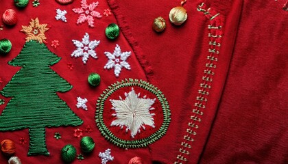 Cloth background with embroidered Christmas ornaments. Semi-abstract, macro