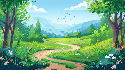 A bright and inviting landscape features a winding path through a lush forest valley adorned with colorful wildflowers and a clear blue sky