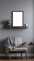 Minimalist, cozy living room corner with modern wooden furniture, armchair, potted plant and decorative empty transparent frame highlighting a calm and neutral-toned interior 