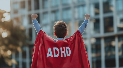 Backview photo of young boy in superhero cape with word "ADHD". School background