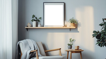 Minimalist, cozy living room corner with modern wooden furniture, armchair, potted plant and decorative empty transparent frame highlighting a calm and neutral-toned interior 