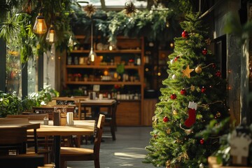 Christmas-Themed Café with a Festive Pine Tree