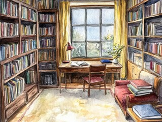 A cozy library with bookshelves, a desk and a window.