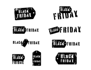 Black Friday logo graphics tags - bold black and white promotional logos with stencil spray paint font for Black Friday marketing campaigns - tag icon