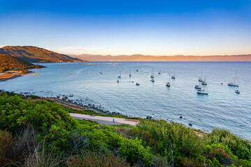 Boat anchor, gulf of Ajaccio, Archipelago of Sanguinaires island. Mediterranean sea, Corsica, France.