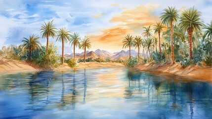 Fototapeta premium Waterfront oasis with palm trees and mountains.