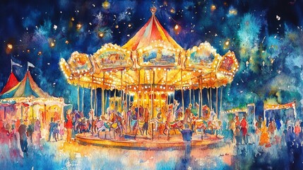 Watercolor painting of a carousel at night.