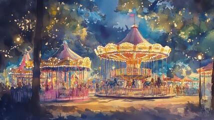 Fototapeta premium Watercolor painting of a carousel at night.
