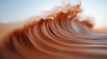 This image captures a stunning dynamic wave of sand in motion, curling gracefully against a clear...