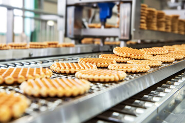 Biscuits on conveyor belt in food factory