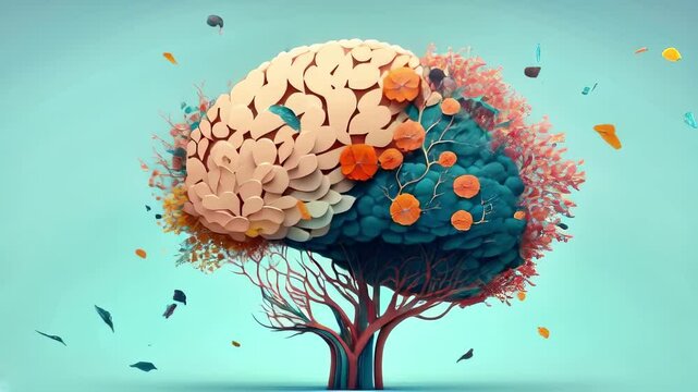 Mental Health Concept: Human brain tree with flowers mental health, self care concept, positive thinking, creative mind, ADHD, schizophrenia, depression, Anxiety, panic attacks, Voices in my head
