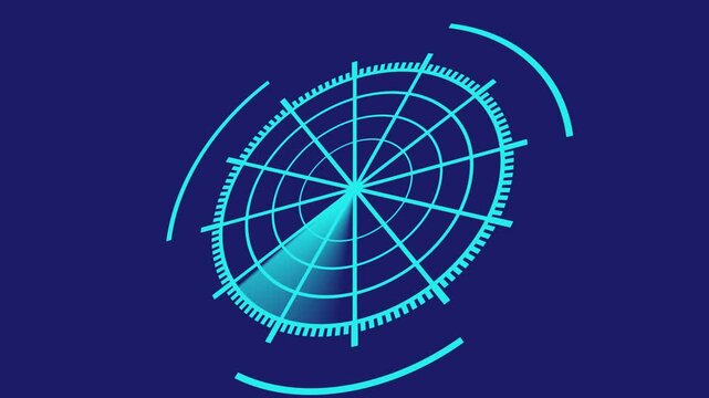 cyan Color Rader searching animation. Rader Hud technology signal waves animated over blue background. Location detection Military. 3d video.
