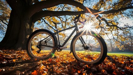 Bicycle under an oak tree covered in fallen autumn leaves with sunlight streaming through branches